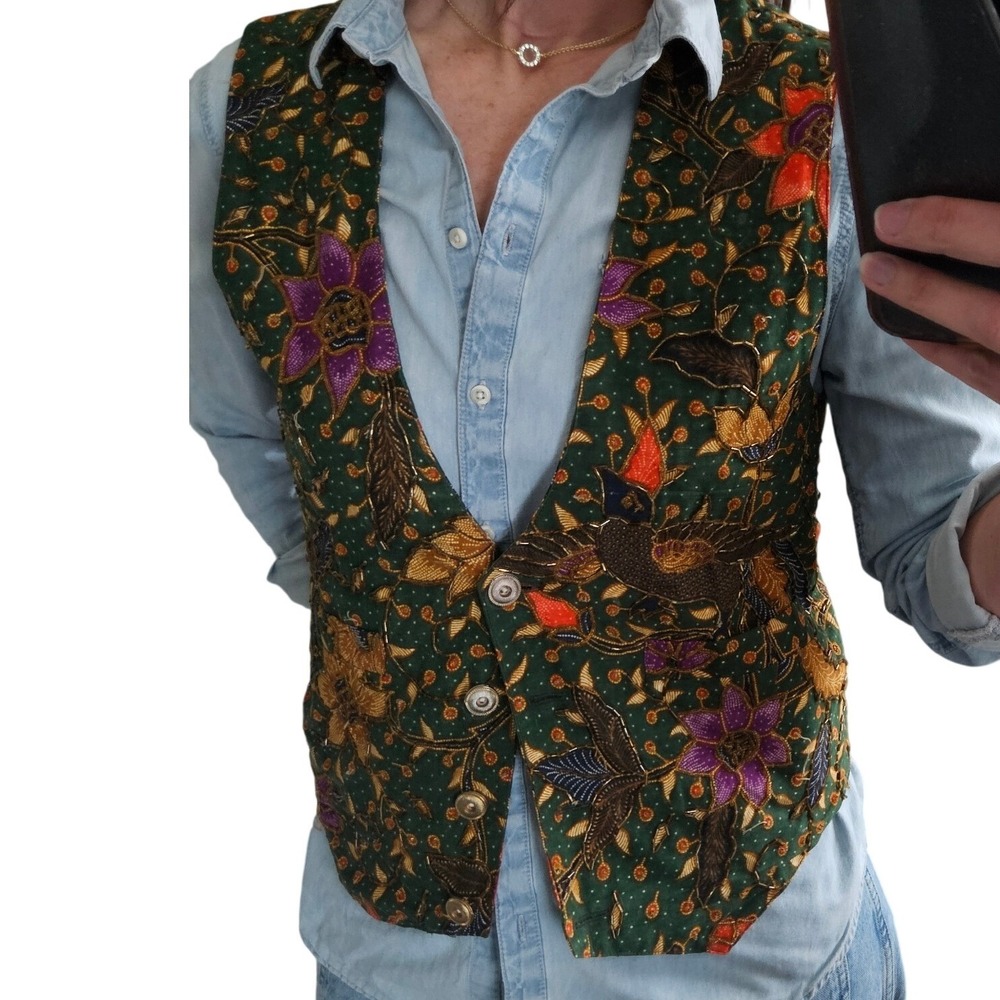 Vintage Theo Beaded Embroidered Floral Bird Vest Boho Cottagecore Medium Artsy